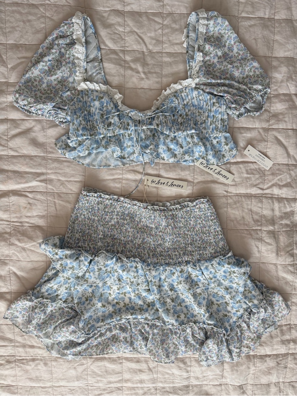 NWT For Love & Lemons Blue Butterfly Floral Riley Top & Smocked Skirt Set - M/L